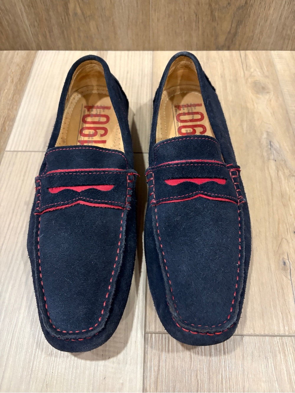 1901 Miami Men's Navy Suede Penny Loafers with Red Stitching M71513 size 10.5